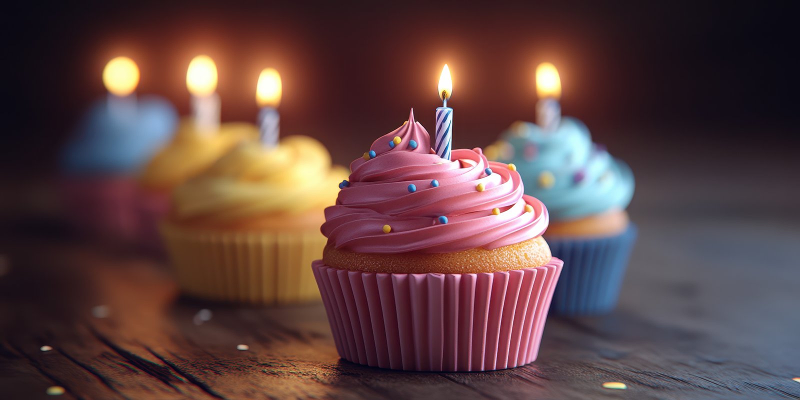 Colorful cupcakes with candles glowing softly in a dimly lit setting during a birthday celebration
